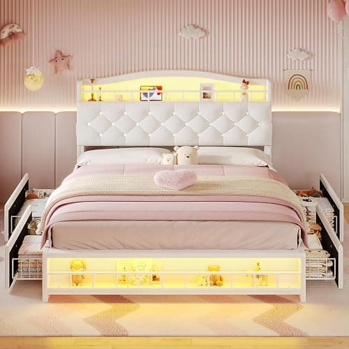 BTHFST Full Bed Frame with Storage Headboard & 4 Drawers, Girl Upholstered Storage Bed with LED Lights & Charging Station, No Box Spring Needed, Easy Assembly, Beige thumbnail 6