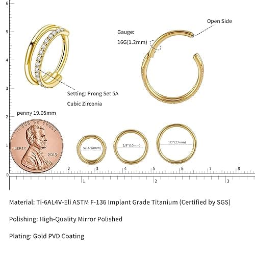 FINE4U Cartilage Earring Hoop for Conch Helix 16G 8mm 10mm 12mm, ASTM F136 Titanium Piercing jewelry for Women & Men, Body Implant Grade Nose Rings, Hypoallergenic Hinged Clicker thumbnail 3