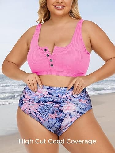 Summer Mae Plus Size Women Ribbed Bikini Set Two Piece High Waist Swimsuit Scoop Top Tummy Control Bathing Suit Swimwear - 22 Plus - Peach Blossoms thumbnail 5