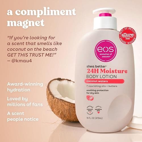 eos Shea Better Body Lotion Coconut Waters, 24-Hour Moisture Skin Care, Lightweight & Non-Greasy, Natural Shea, Vegan, Coconut Body Lotion, 16 fl oz thumbnail 4