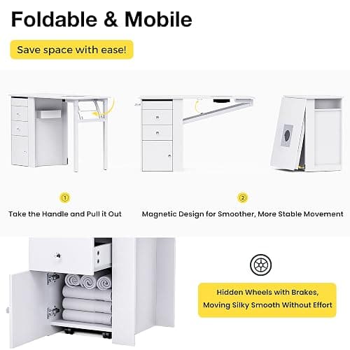 Foldable Nail Table with Dust Collector, Manicure Desk for Nail Tech, with LED Lamp, Wrist Rest, Rolling Nail Table for Salon, Home Beauty Workstation, Compact Nail Station with Storage (White) thumbnail 5