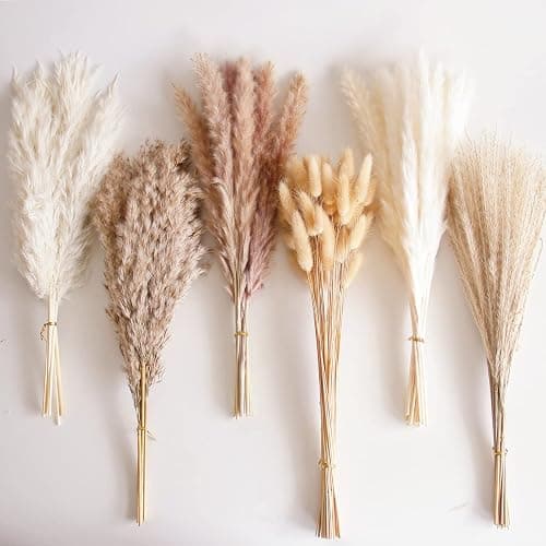 110 PCS Dried Pampas Grass Bouquet, Boho Table Decor, Bunny Tails Dried Flowers, Brown Pompas, White Pampas Grass for Wedding, Home, Rustic Party, Baby Shower Decorations thumbnail 6
