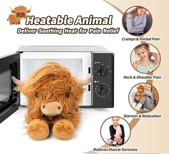 Highland Cow Stuffed Animals, Microwavable Stuffed Animals Heating Pad for Cramps, Pain Stress Relief, Heatable & Coolable Lavender Scented Cow Plush Toy for Anxiety, Women Kid Bedtime Highland Cattle - A-Highland Cow -1 thumbnail 5