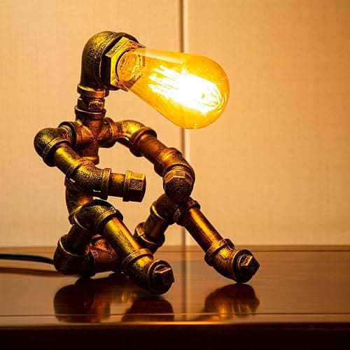 Steampunk Table Lamp, Vintage Industrial Metal Robot Table lamp, Water Pipe Table Lamp, Robot Style Desktop Light for Bedside Desk Bar Cafe Desktop Room Decoration (Not Included Bulb) - Image 1