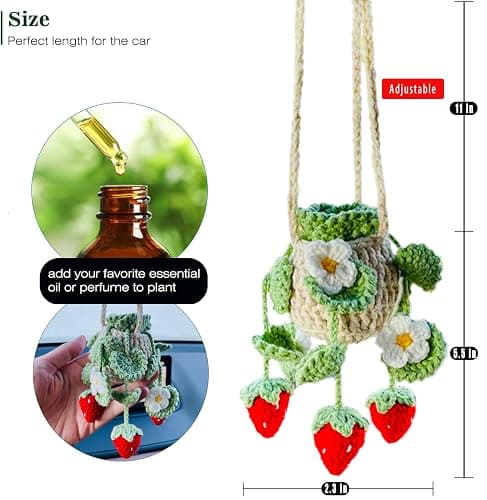 Cute Crochet Plant for Car Rear View Mirror,Boho Handmade Car Mirror Hanging Accessories for Women Girls,Green Interior Aesthetic Decor Truck Hanger Ornament Charm for Men (Red Strawberry Plant) thumbnail 3