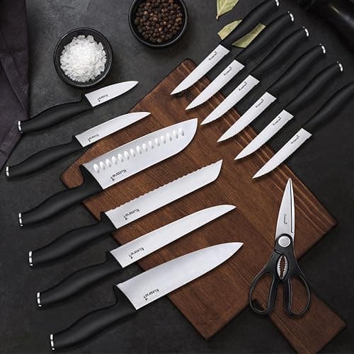 Kuisine Kitchen Knife Set With Block and Sharpener 15 pieces High Carbon Stainless Steel Sharp Professional Appliances Black thumbnail 6