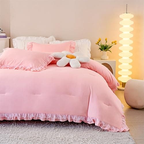 MOOWOO Chic Ruffle Lace Comforter Set -Girl Pink Bedding-2 Piece Twin Bed Quilt -Aesthetic Bedding,Ultra Soft and Durable,Fluffy Bed Comforter Sets for All Season thumbnail 7