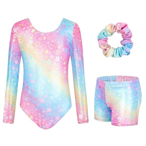 JiAmy Leotards for Girls Gymnastics, Long Sleeve Sparkly Dance Biketards with Shorts Ballet Tumbling Outfit for 3-12 Years - Image 1