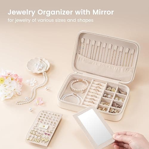 Lolalet Travel Jewelry Case for Women Girls, Travel Jewelry Organizer Box with Mirror & Clear Storage Bag, Small Portable Earring Necklace Bracelet Ring Case, Birthday Valentine Gifts -Medium, White thumbnail 3