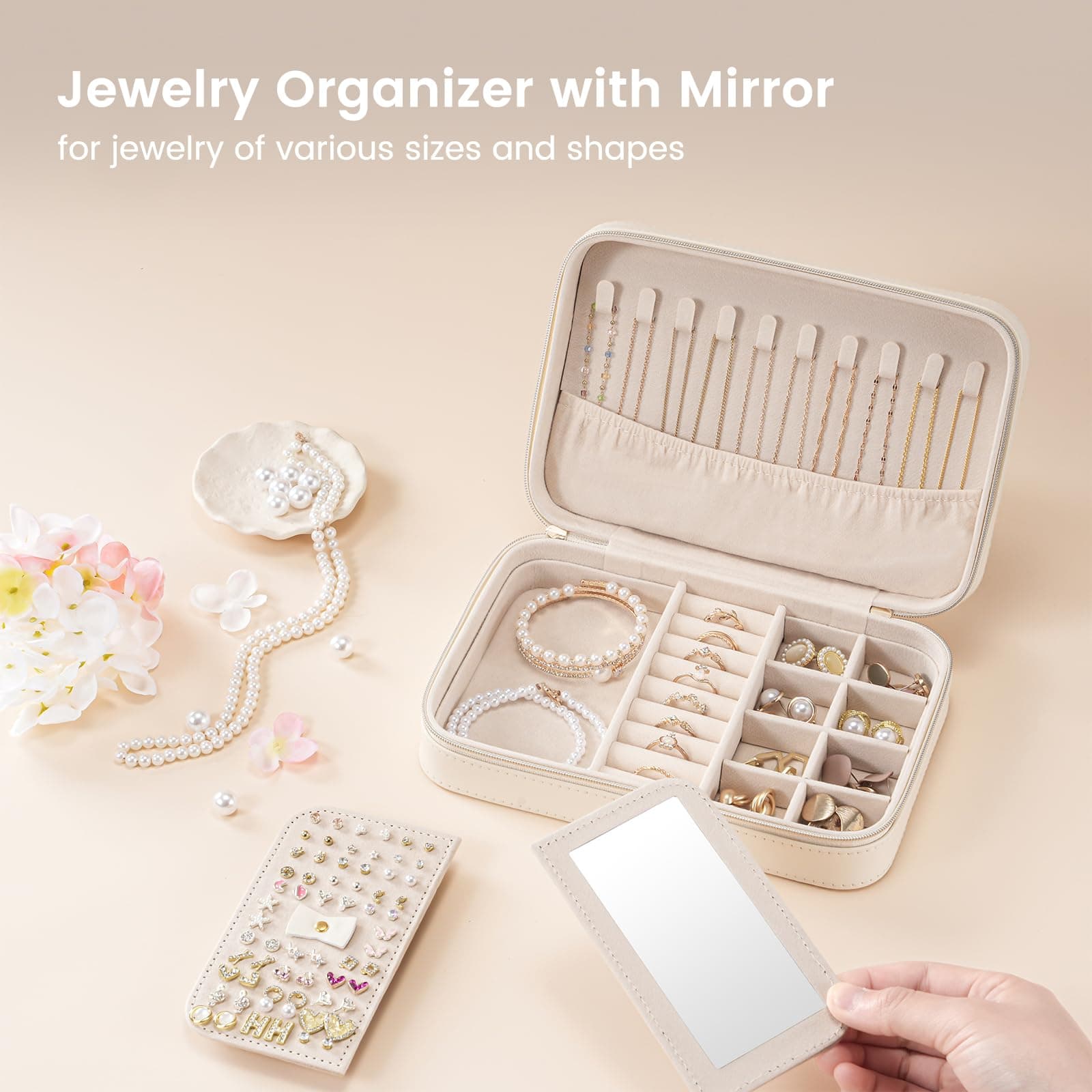 Lolalet Travel Jewelry Case for Women Girls -Medium, White | Jewelry Box Organizer for Travel Essentials, Mirror & Clear Storage Bag, Earring Necklace Bracelet Ring Holder, Ideal Gift thumbnail 2
