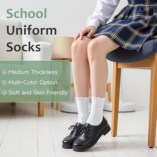 HONGTEYA 6 Pairs Girls White Ruffle Socks School Uniform Dress Socks for Kids Seamless Crew Ankle Cotton Size 2-14 Years thumbnail 4
