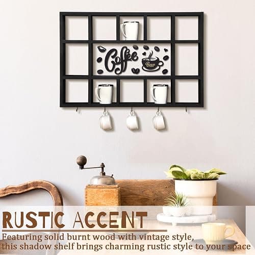 Cinnvoice Oversize Coffee Mug Display Shelf for Wall Wood Coffee Mug Rack Wall Mounted Shelf Cubes Cup Hooks Hanger with Bar Sign Decor for Kitchen Station Bar Accessories(Black) thumbnail 7