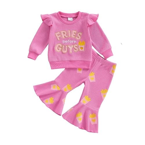 Socutebabe Toddler Baby Girl Valentines Day Outfit Fries Before Guys Sweatshirt Long Sleeve Pullover Flare Pants Cute Clothes - Image 1