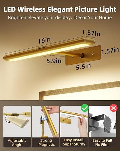 EZVALO Picture Light for Wall, 4800mAh Rechargeable Wireless Remote Lights, 16'' Dimmable Magnetic LED Art Painting Light with 3 Color Temps, Display for Gallery, Living Room, Bedroom, Hallway (Gold) thumbnail 3
