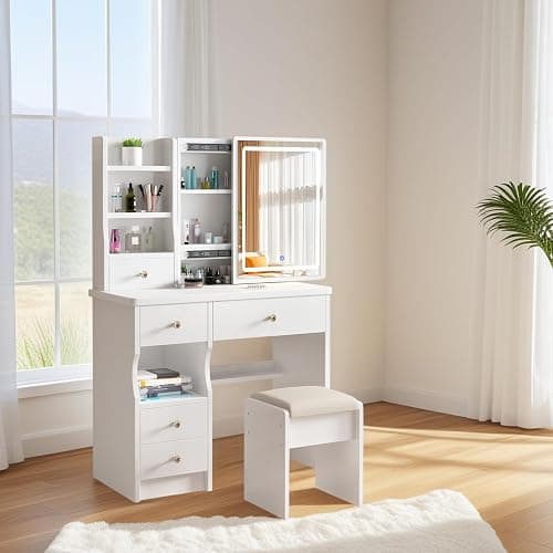 Vanity Desk Makeup Vanity Desk with Sliding Mirror and Lights, Makeup Vanity Set with Drawers, Stool and Open Shelves, 3 Color Lighting Modes Brightness Adjustable Dressing Table for Bedroom (Model 2) thumbnail 7