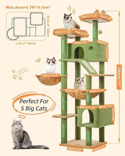 Taoqimiao Cactus Cat Tree, 71-Inch Cat Tower for Indoor Cats Large Adult, Multi-Level Large Cat Condo, 8 Sisal Scratching Posts, Metal Frame Cozy Hammock, Scratch Board, 2 Top Perches, MSC026L thumbnail 7