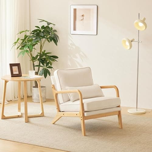 Karl home Accent Chair Mid-Century Modern Chair with Pillow Upholstered Lounge Arm Chair with Solid Wood Frame & Soft Cushion for Living Room, Bedroom, Balcony, Linen White (Low Back) thumbnail 5