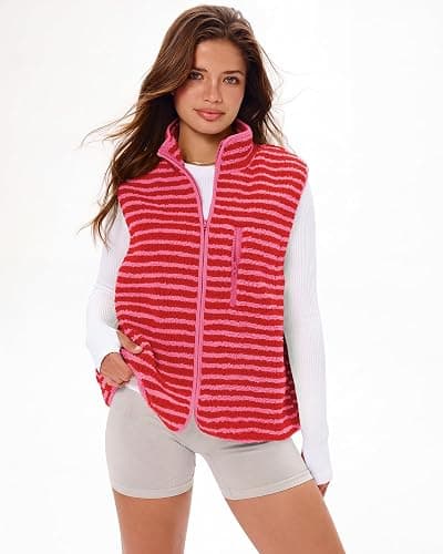 Gacaky Women's Sherpa Fleece Striped Vest Stand Collar Sleeveless Jacket | Gentle Skin Feel, Full Zip, Front Chest Pocket, Fall Winter Clothing, Cute Y2k Striped Vest, Seamless Daily Outfit Match thumbnail 6