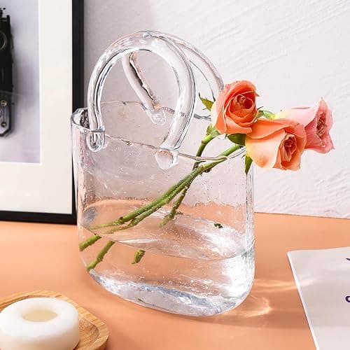Fixwal Glass Purse Vase for Flowers, Clear Bag Vases with Handle, Unique Cute Handbag Shape Decorative Flower Vases with Fish Bowl for Centerpieces Home Table Shelf Decor Birthday - Image 1