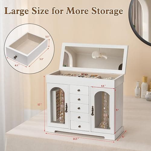 Miratino Jewelry Box for Women Girls, Wooden Jewelry Organizer Box with Mirror, 5 Layer Jewelry Storage Case Display for Necklaces Earrings Rings Bracelets Valentine's Day Gifts thumbnail 3