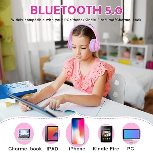 2024 Bluetooth Kids Headphones Fit for Aged 3-21, Colorful LED Lights Comfort Wireless Headphones with Microphone 94dB Volume Limited for School/iPad/PC/TV/Cellphones, Wired & TF Card Mode, Pink - Pink thumbnail 6