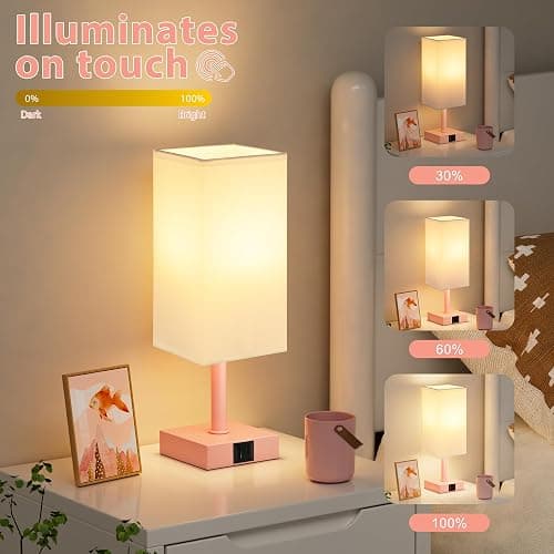 Ambimall Touch Control Table Lamp with USB A+C Charging Ports - 3 Way Touch Lamps Bedside, Nightstand Lamp for Bedrooms, LED Bulb Included(White Shade & Pink Base) thumbnail 4
