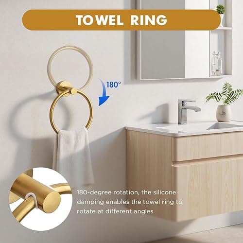 Gold Bathroom Accessories, 24” Towel Bar, Towel Ring Holder, Toilet Paper Holder and 3 Towel Hooks, Bathroom Hardware Set Wall Mounted thumbnail 5