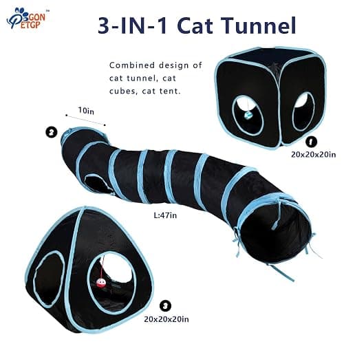 GONPETGP Cat Tunnels for Indoor Cats with Cube Tent Toys Combo, Pop Up Collapsible Crinkle Interactive Peek Hole, Cat Tube with Play Ball and Bell for Kitten, Puppy, Kitty, Rabbit - Set of 3 thumbnail 2