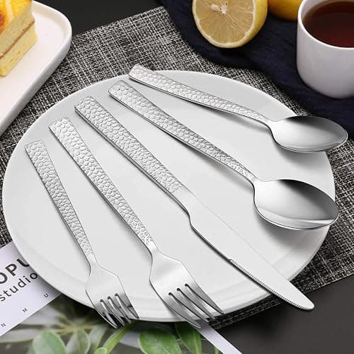 E-far Hammered Silverware Set, 40-Piece Stainless Steel Square Flatware Set for 8, Metal Tableware Cutlery Set Includes Dinner Knives/Forks/Spoons, Modern Design & Mirror Polished - Dishwasher Safe thumbnail 2