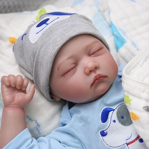 SYP Reborn Baby Dolls Boy - 20-Inch Realistic Reborn Dolls Boy in Blue Puppy Outfit, Grey Striped Trousers, Sleeping Position Real Life Baby with Dolls Accessories for Kids Age 3+ thumbnail 6