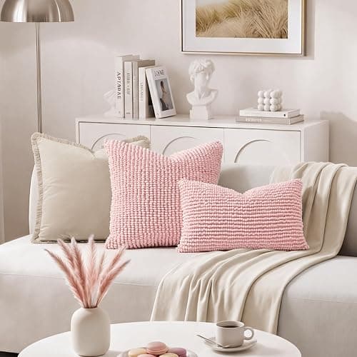 HOMEIDEAS Light Pink Textured Chenille Pillow Covers 18x18 Set of 2 | Thick Plush Double Sided Design,Cozy Warm Touch Textured Design,Couch Sofa Bed Bedroom,Modern Farmhouse Decor thumbnail 2