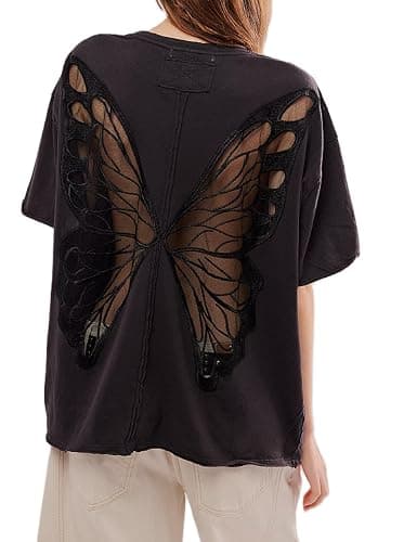 NUFIWI Women Y2K Short Sleeve Butterfly Tops Overzied Patchwork Cutout Back Tshirts Preppy Backless See Through Kawaii Shirts - Image 1