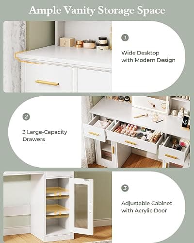 Memobarco 43.5-inch Large White Makeup Vanity Desk with Sliding Mirror | Smart LED Mirror, 3 Lighting Modes, Adjustable Brightness, 9 Shelves, 4 Drawers, 2 Cabinets, Power Outlets, Hairdryer-Rack thumbnail 5