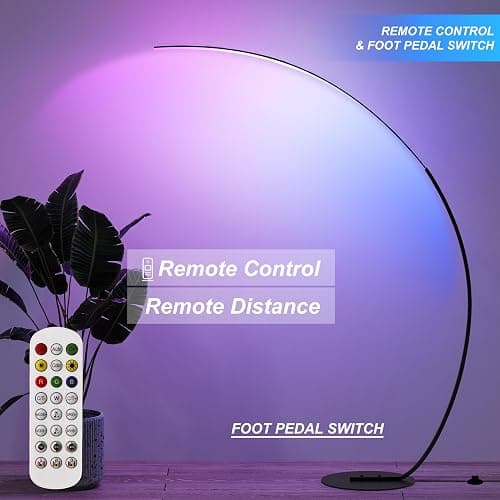 E.P. Light RGBW Modern 69.99 inch Arched Standing Reading Floor Lamp with Remote - Dimmable Black Led Color Changing Curved Ambient Lighting for Bedroom and Living Room thumbnail 5