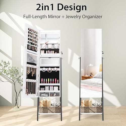 CHARMAID Standing Jewelry Armoire with Full Length Mirror, Lockable Jewelry Cabinet Organizer with Lights, 3 Lighting Modes, Foldable Makeup Tray, Storage Drawers & Shelves (White) thumbnail 7