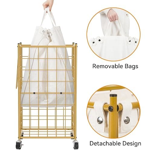 WOWLIVE Laundry Hamper with Wheels,Metal Wire Frame Rolling Laundry Basket with Removable bag,100L Dirty Clothes Hamper Organizer Dorm Room Storage for Bedroom,Bathroom,Golden thumbnail 6