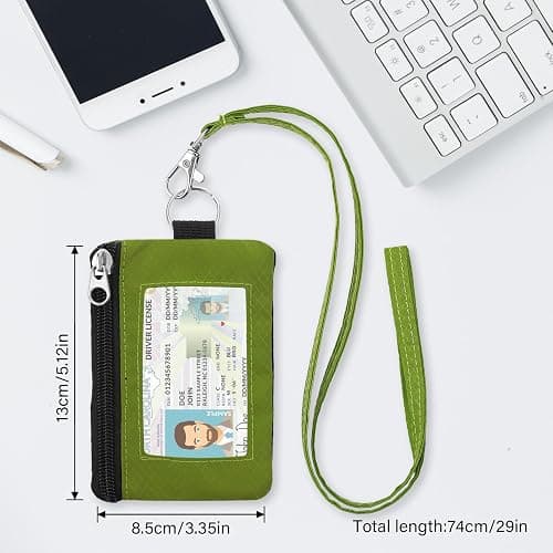ZHOMA Minimalist RFID Wallet with Lanyard, Multi-functional ID Case with 2 Zipper Pockets and Key Chain for Men and Women, Tactical Badge Pouch Cards Holder, Coin Purse for Travel Sports - Grass Green thumbnail 2