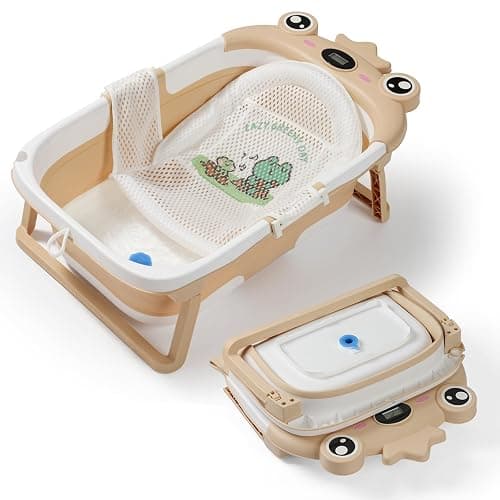 Baby Bathtub for Infant to Toddler,Collapsible Baby Bath Tub with Soft Cushion & Thermometer,Space Saving Foldable & Travel Newborn Bathtub 0-36 Months (Beige, Frog) - Image 1