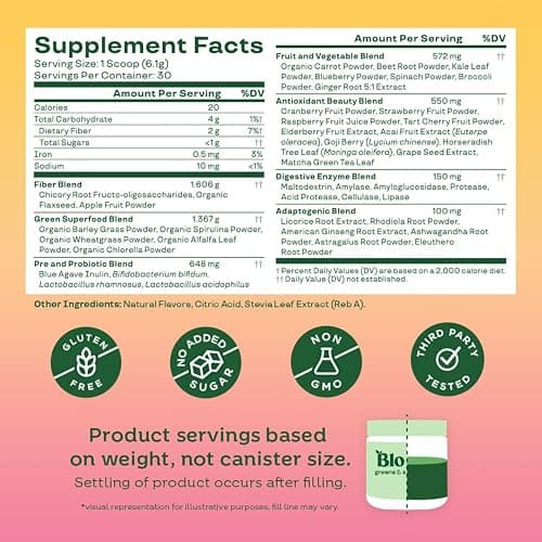Bloom Nutrition Superfood Greens Powder, Digestive Enzymes with Probiotics and Prebiotics, Gut Health, Bloating Relief for Women, Chlorella, Juice Mix w/Beet Root Powder, 30 SVG, Orange Passionfruit thumbnail 5