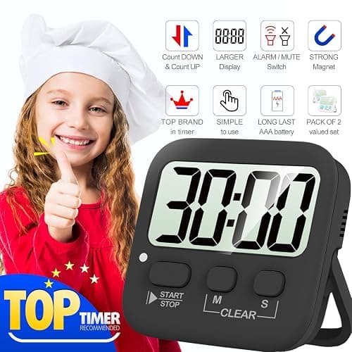 Antonki 2 Pack Digital Timer for Kids, Magnetic Countdown Kitchen Timers for Cooking, Egg, Classroom, Teacher, Exercise, Study, Oven - Battery Included - Senior Black thumbnail 2