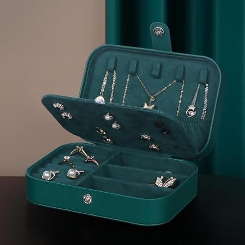 Hatori Travel Jewelry Box, PU Leather Small Jewelry Organizer for Women Girls, Double Layer Portable Mini Travel Case Display Storage Holder Boxes for Stud Earrings, Rings (Ink Green) thumbnail 7