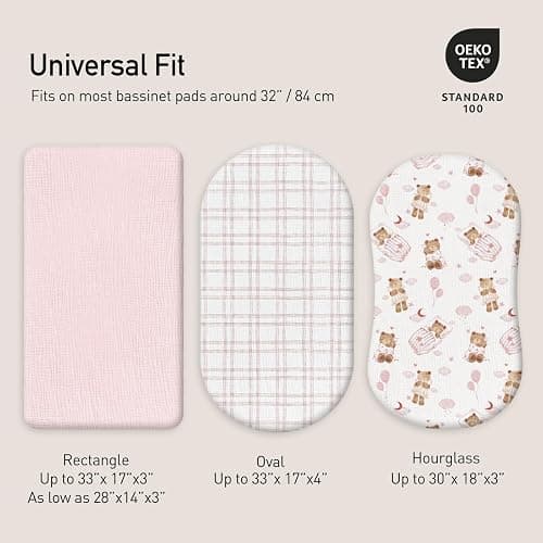 Gllquen Baby Muslin Bassinet Sheets 3 Pack, Breathable Elastic Cozy Fitted Cotton Bassinet Mattress Sheet for Baby Boy Girls, Fit for Hourglass Oval Rectangular Cradle Pad Sheets 33"x17" (Bear Dream) thumbnail 5