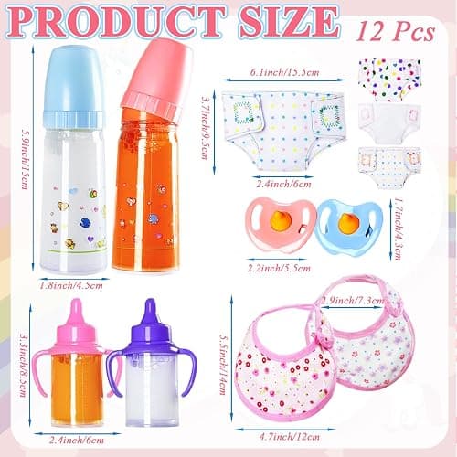 Kuihaazi 12PCS Baby Doll Accessories Set,Doll Pretend Play Feeding Toys,Baby Doll Feeding Include Disappearing Milk and Juice Bottles,Pacifier,Bibs,Diapers thumbnail 3