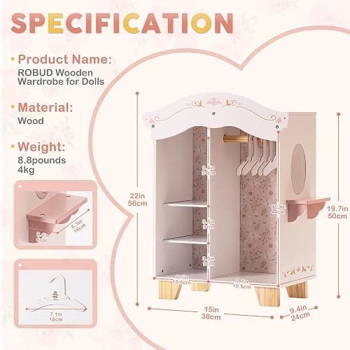 ROBUD Wooden Play Armoire Closet for Dolls, Doll Closet Furniture Wardrobe with 5 Hangers, Mirror, Velvet Curtains, Fit for 16-20in American Girl Doll Clothes, Gift for Boys & Girls, 3+ thumbnail 3
