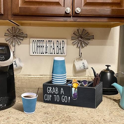 Cheeorry Coffee Station Organizer for Countertop, Cup and Lid Holder for Cup Lid Sleeve Pods Condiment, Wooden Disposable Cup Dispenser Holder for Coffee Bar Accessories Organizer and Storage thumbnail 2