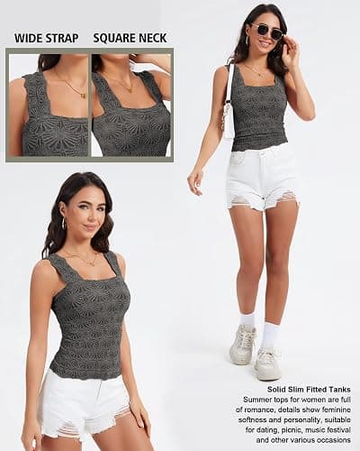 Women's Square Neck Wide Strap Crop Tank Tops Slim Fit Sleeveless Going Out Top Flower Lettuce Trim Cami Tops - Small - Dark Gray thumbnail 4