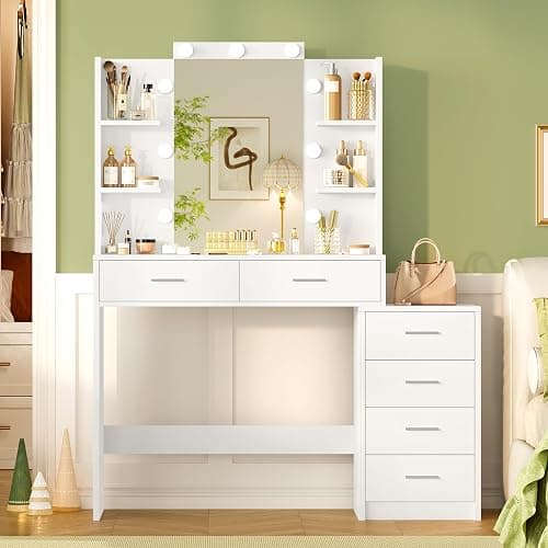 TEENFON Vanity Desk with 6 Drawers, 6 Open Shelves, Makeup Vanity with Mirror and Lights, Dressing Table with 3 Lighting Color Adjustable, Bedroom, White - Image 1