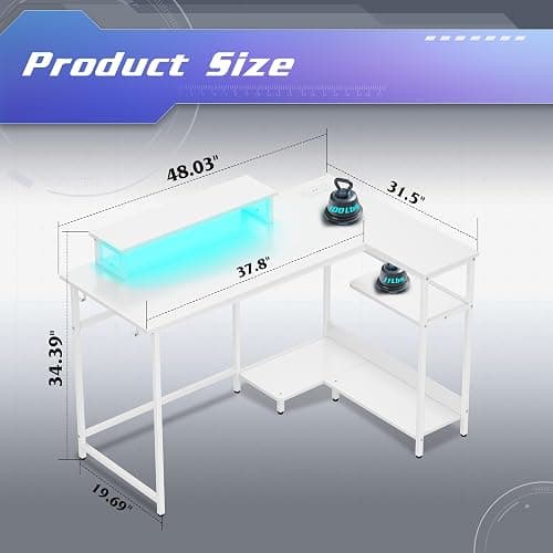 DEVAISE 47 Inch L Shaped Gaming Desk with LED Lights & Power Outlets, Corner Desk for Small Spaces, Sturdy PC Computer Table with Storage for Home Office, White thumbnail 3
