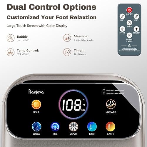Ranjova Foot Spa Electric Rotary Massage, with Touchscreen Pro Color Display, Collapsible Foot Bath with Heat, Bubble,Remote Control, Temp Control, and 24 Motorized Shiatsu Massage Balls (Dark Grey) thumbnail 2