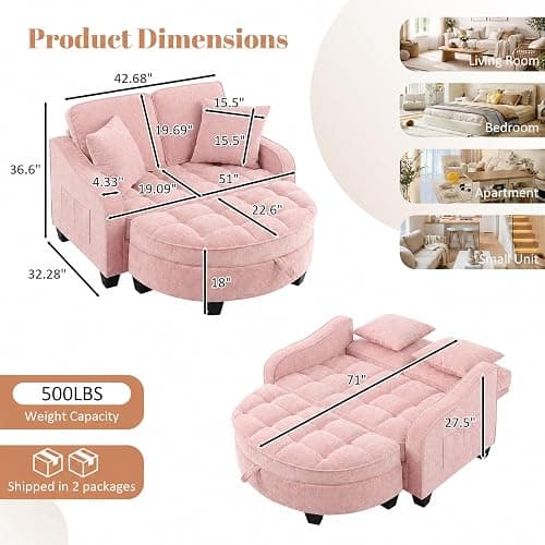 Chaise Lounge Chair Indoor with Storage Ottoman, Comfy Chenille Tufted Loveseat Sofa Chair with Adjustable Backrest, Upholstered Lounge Sofa Chairs with 2 Pillows & Side Pockets for Living Room, Pink thumbnail 2